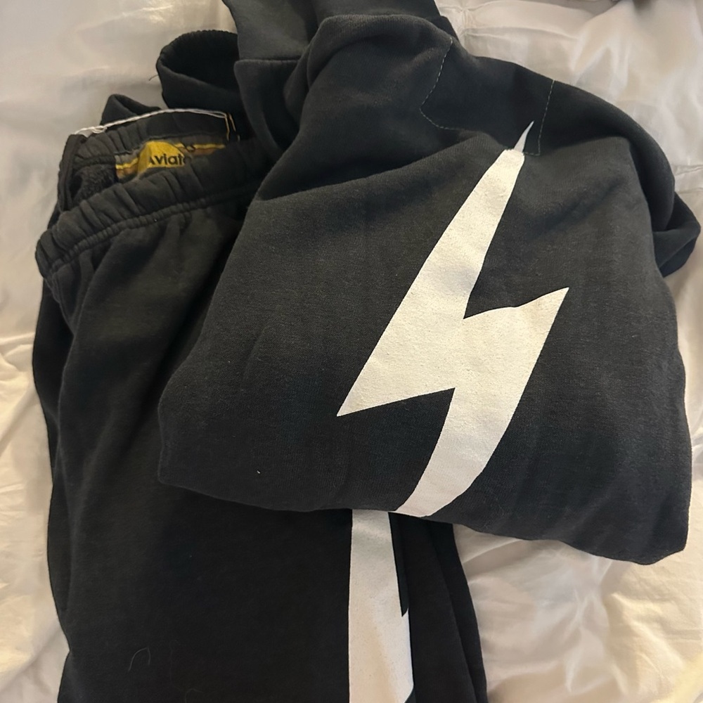 Aviator Nation Black Hoodie and pants set with White Lightning Bolt